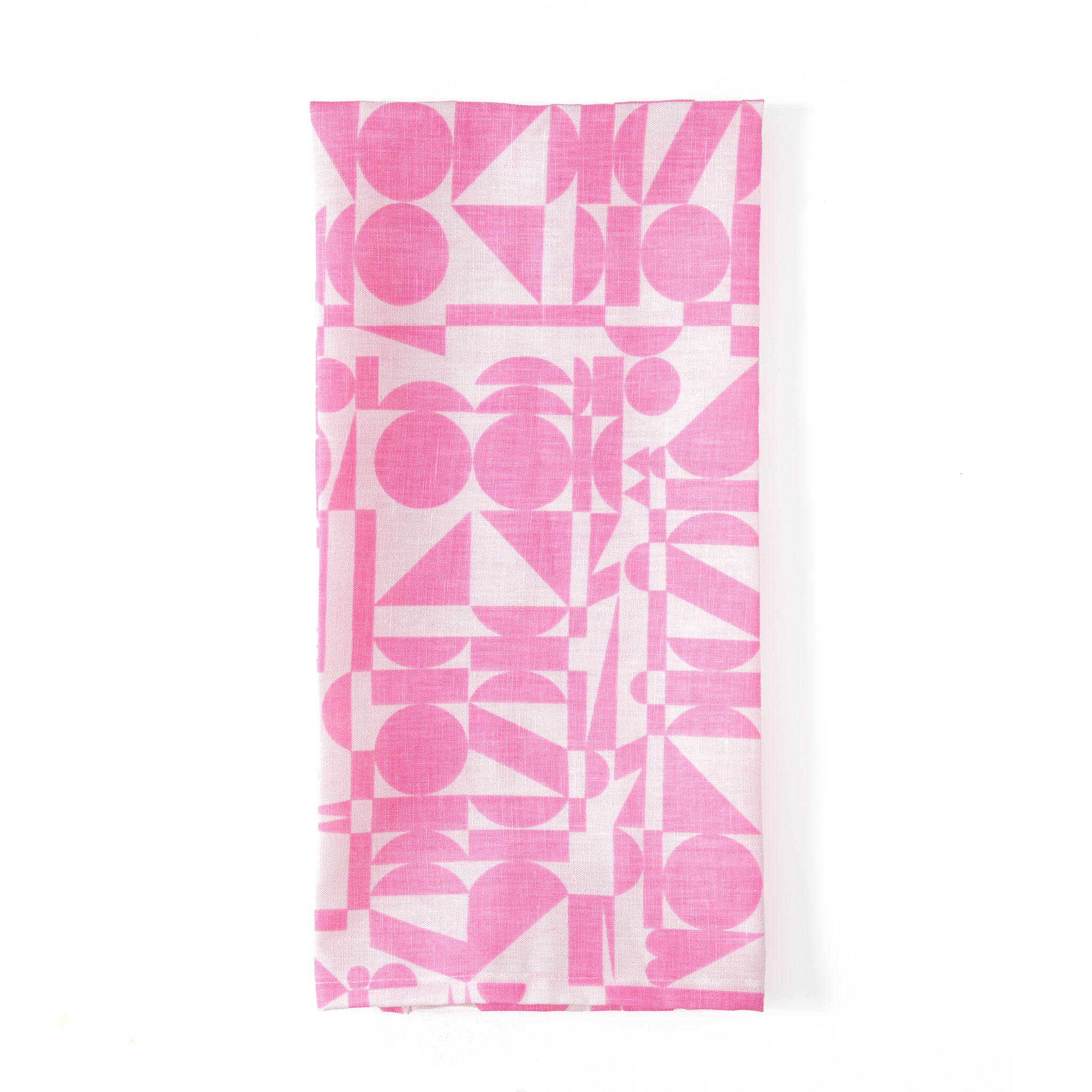 Linen Tea Towel - Screen Printed Geometrics - Bubblegum Pink on White