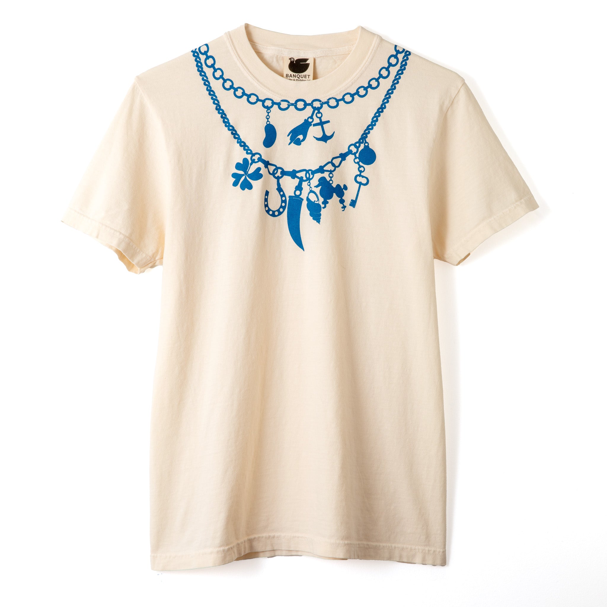Natural t-shirt with blue necklace design on a white background