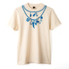 Natural t-shirt with blue necklace design on a white background