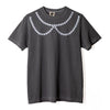 A dark charcoal gray short-sleeve t-shirt with a light gray circular dot pattern arranged in a collar-like design across the chest, displayed flat against a white background.