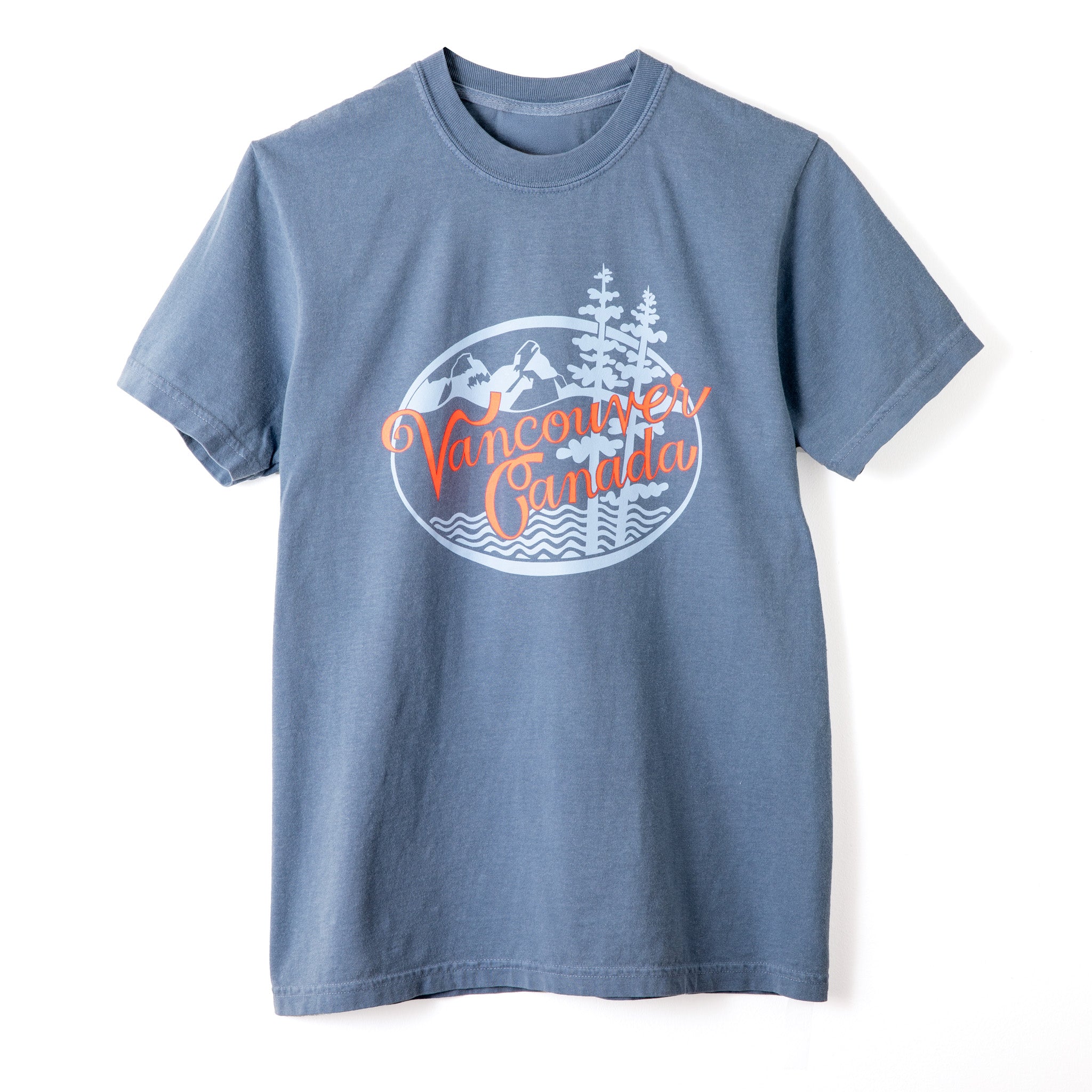 Blue t-shirt with 'Vancouver Canada' graphic on a white background