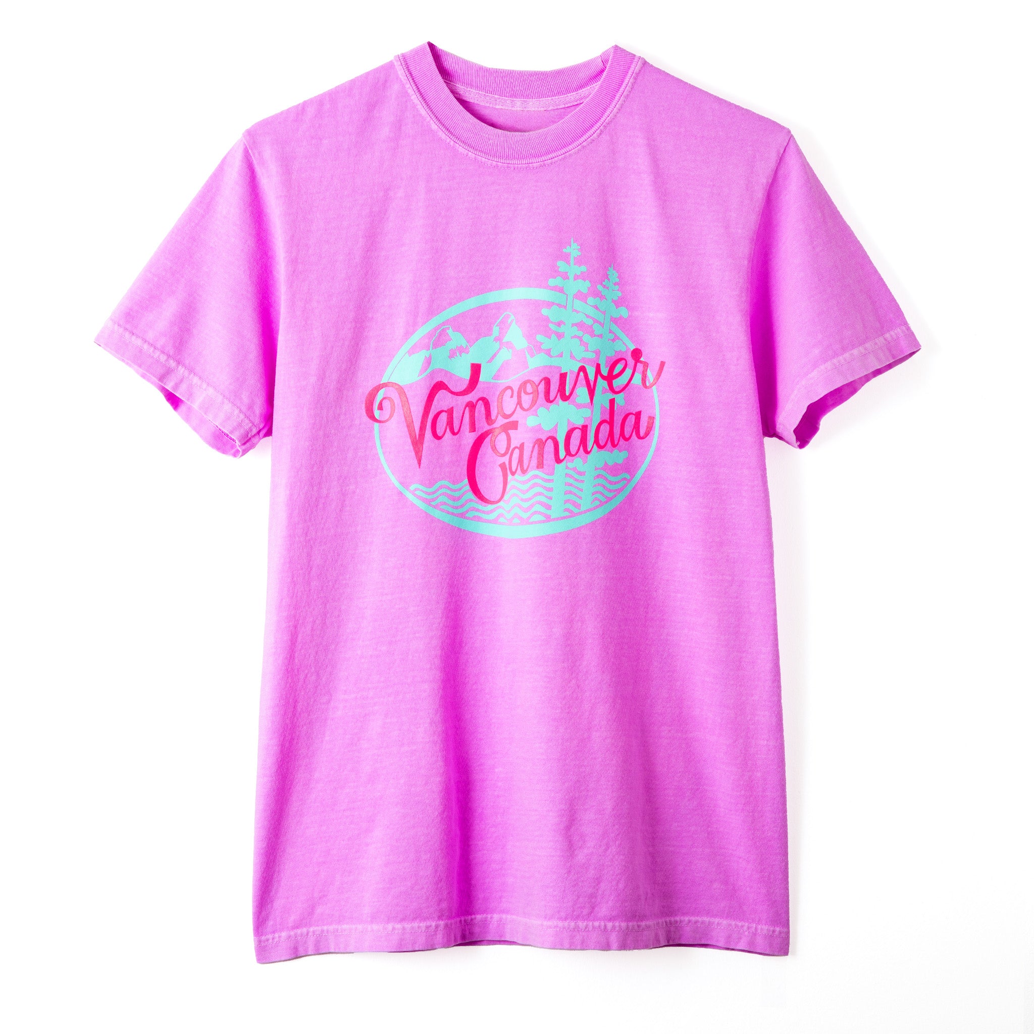Pink t-shirt with 'Vancouver Canada' text and tree graphic on a white background