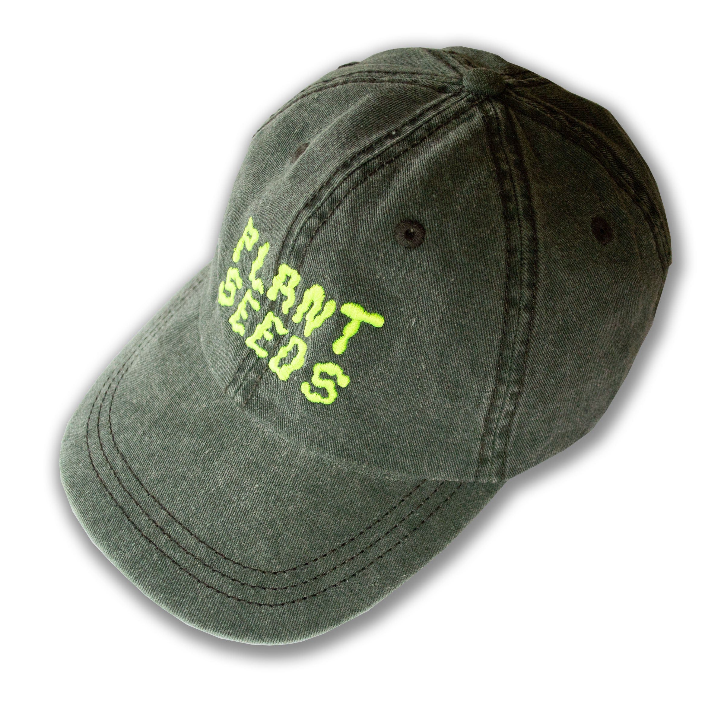 khaki ball cap embroidered in wiggly neon yellow letters that read Plant Seeds
