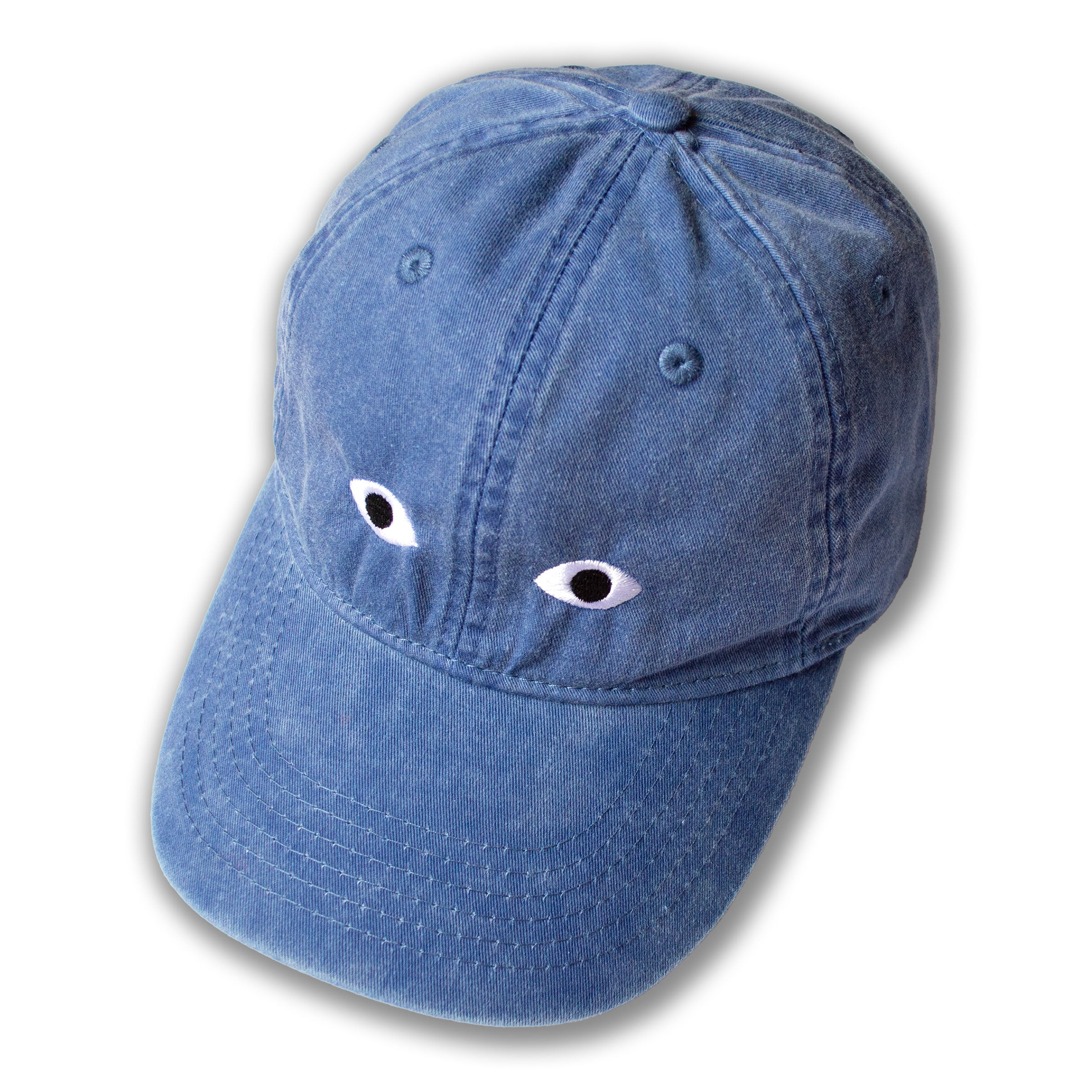 Blue cap with cartoonish eyes on a white background