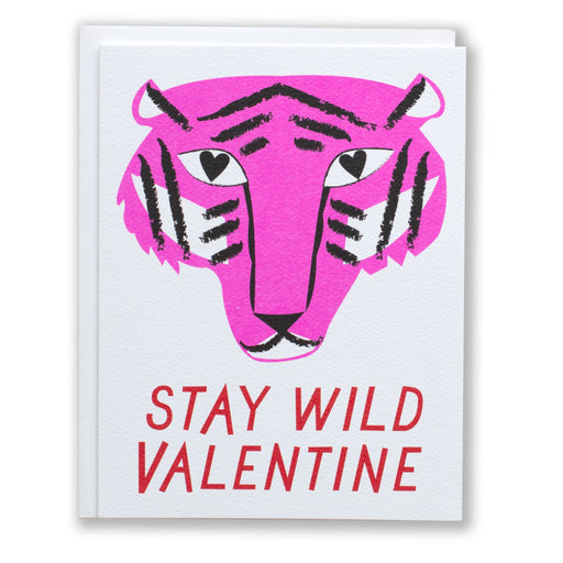 neon purple tiger face on a card that says "Stay Wild Valentine"