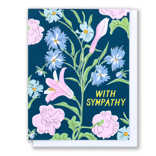 condolenece or bereavement card, cascading flowers on a dark background, card reads With Sympathy