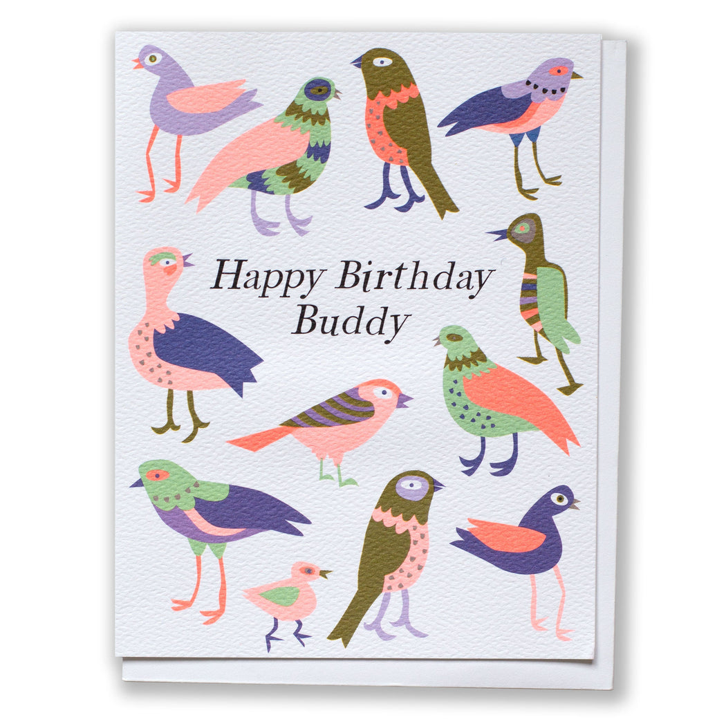 "happy birthday buddy" note card with funny little birds in neons and pastels and chocolate brown