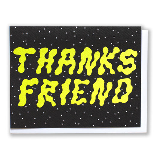 Note Card features the night sky with Thanks Friend spelled out in wiggly neon yellow letters