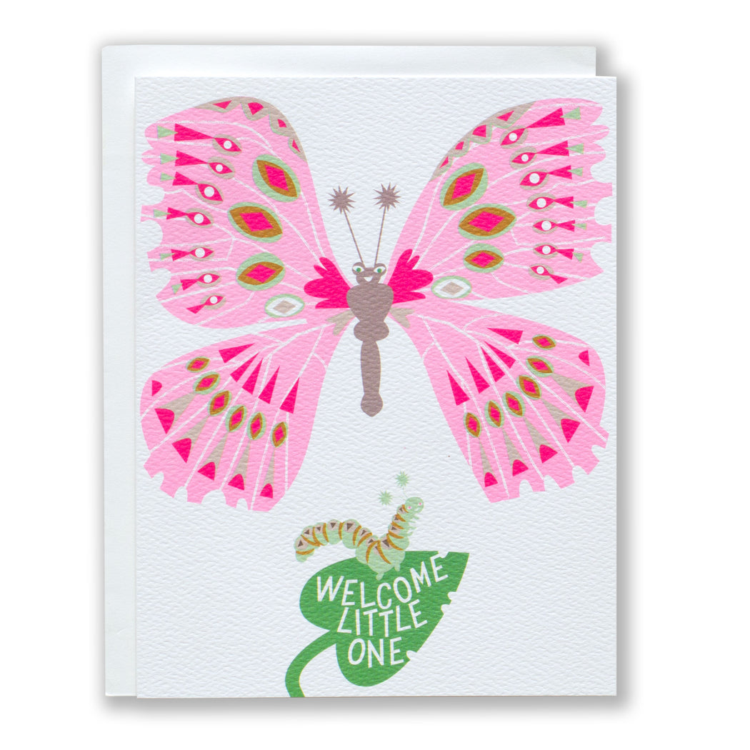 Baby card with a big butterfly and a tiny caterpillar munching on a leaf