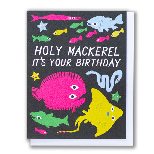 Birthday card with neon fish on a black background.