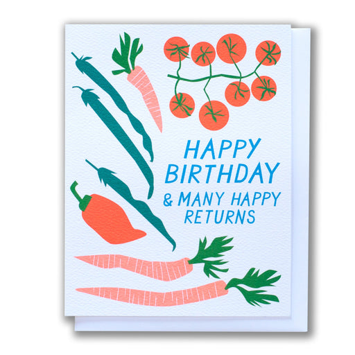 neon bright tomatoes, peppers and carrots with glorious green beans, card reads "happy birthday and many happy returns"