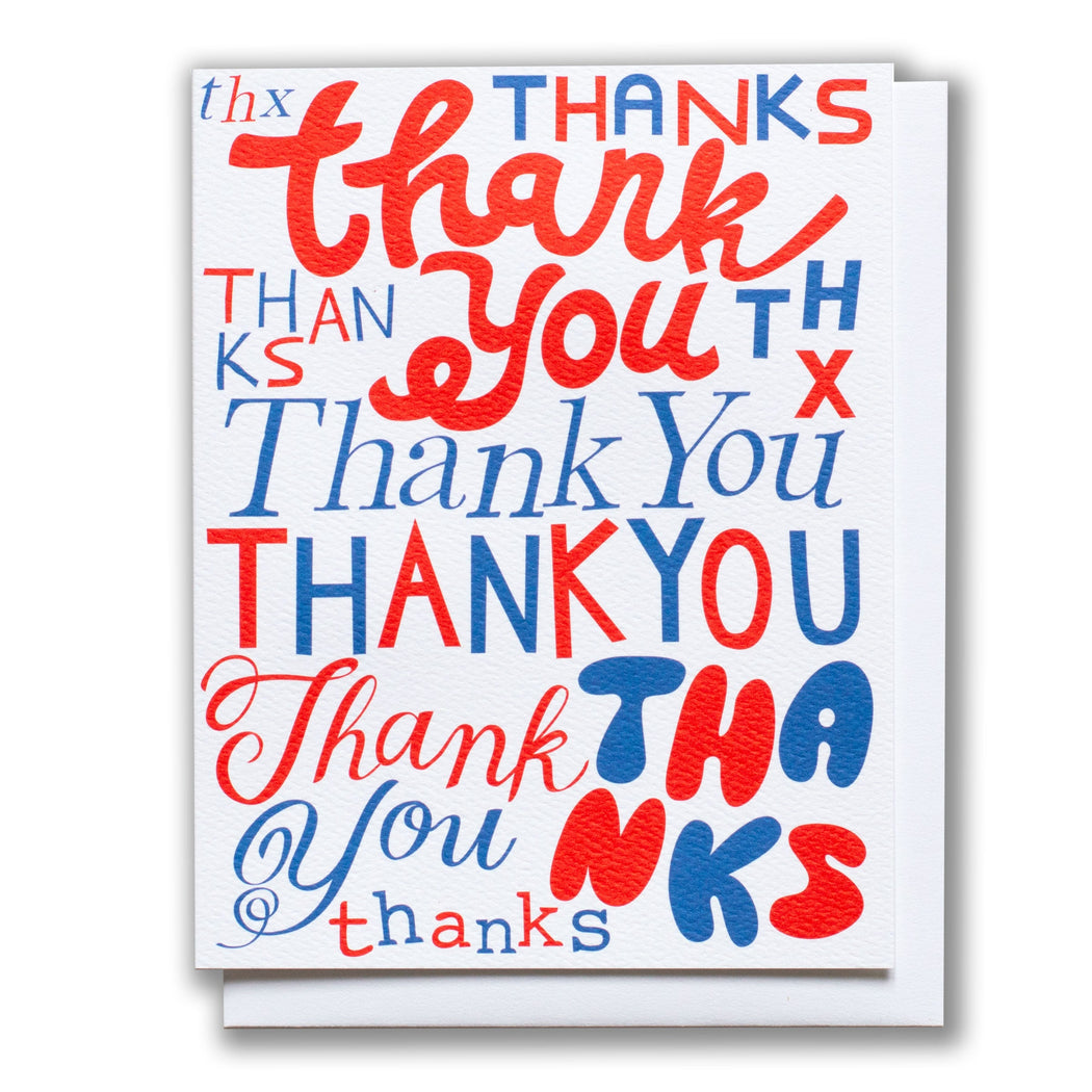 note card with hand drawn red and blue thank you's in multiple fonts and typefaces 