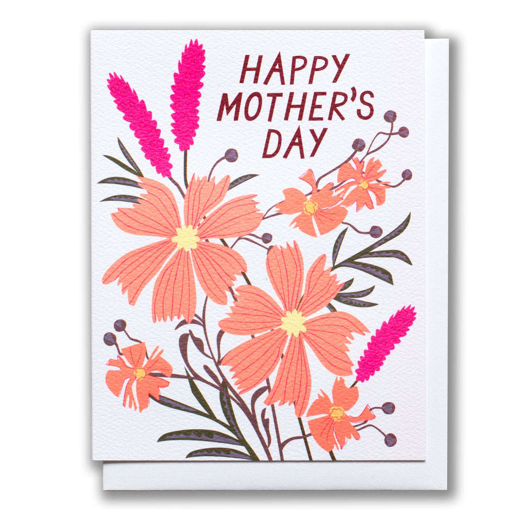 Happy Mother's Day card with bright flowers in pinks and oranges 