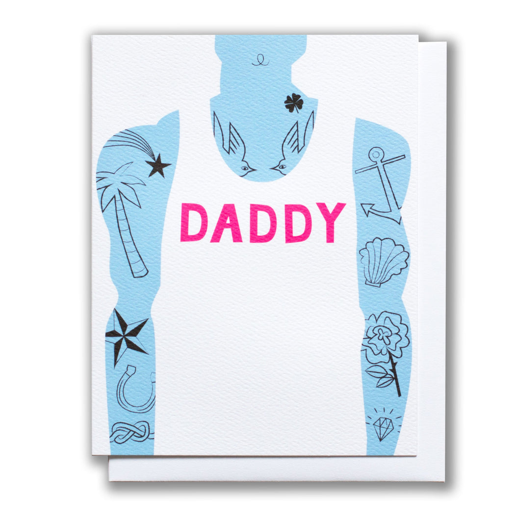 Note Card with a blue tattooed toros wearing a white tank top printed with the word Daddy.