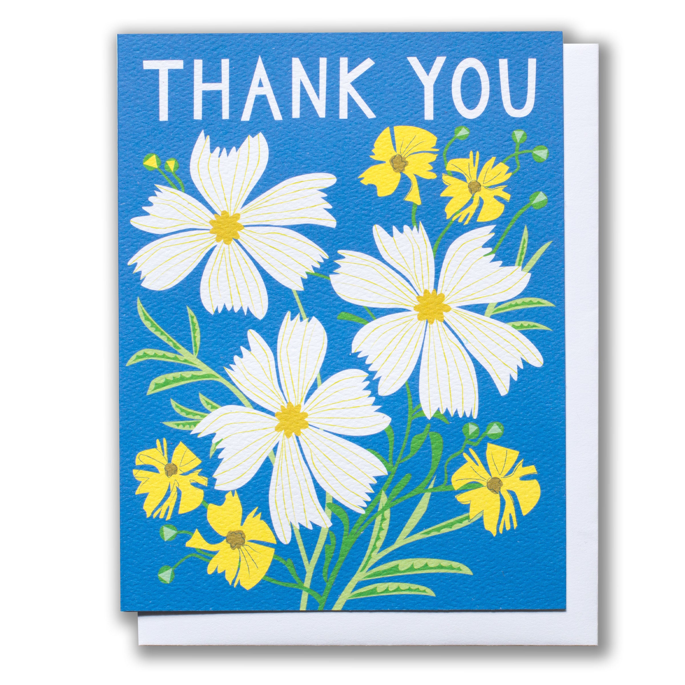 cottage core thank you card with white cosmos flowers on blue background