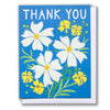 cottage core thank you card with white cosmos flowers on blue background