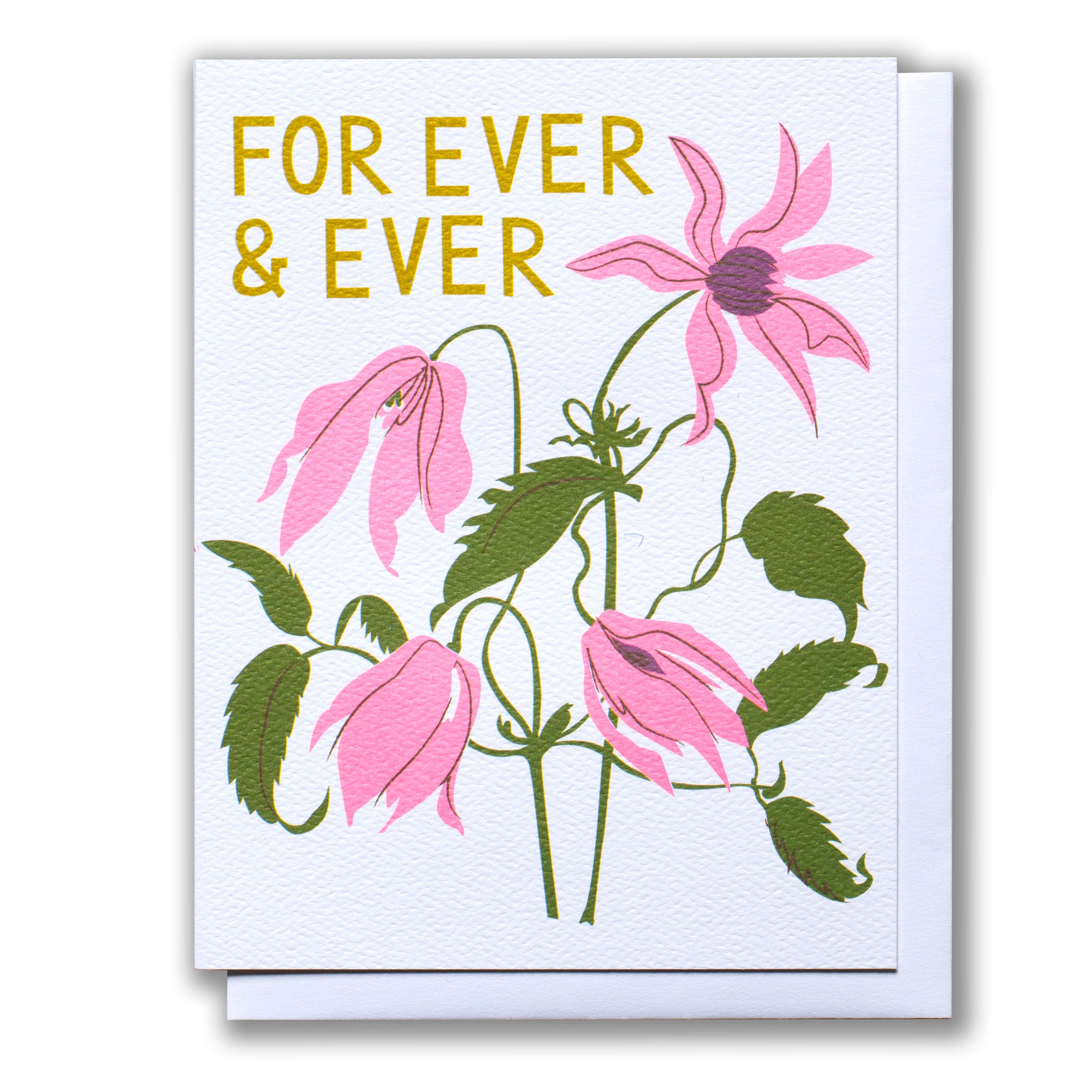 loose stems of pink clematis on a card that reads for ever and ever