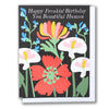 Card reads Happy Freakin' Birthday You Beautiful Human" with a big red poppy and calla lilies on a black background