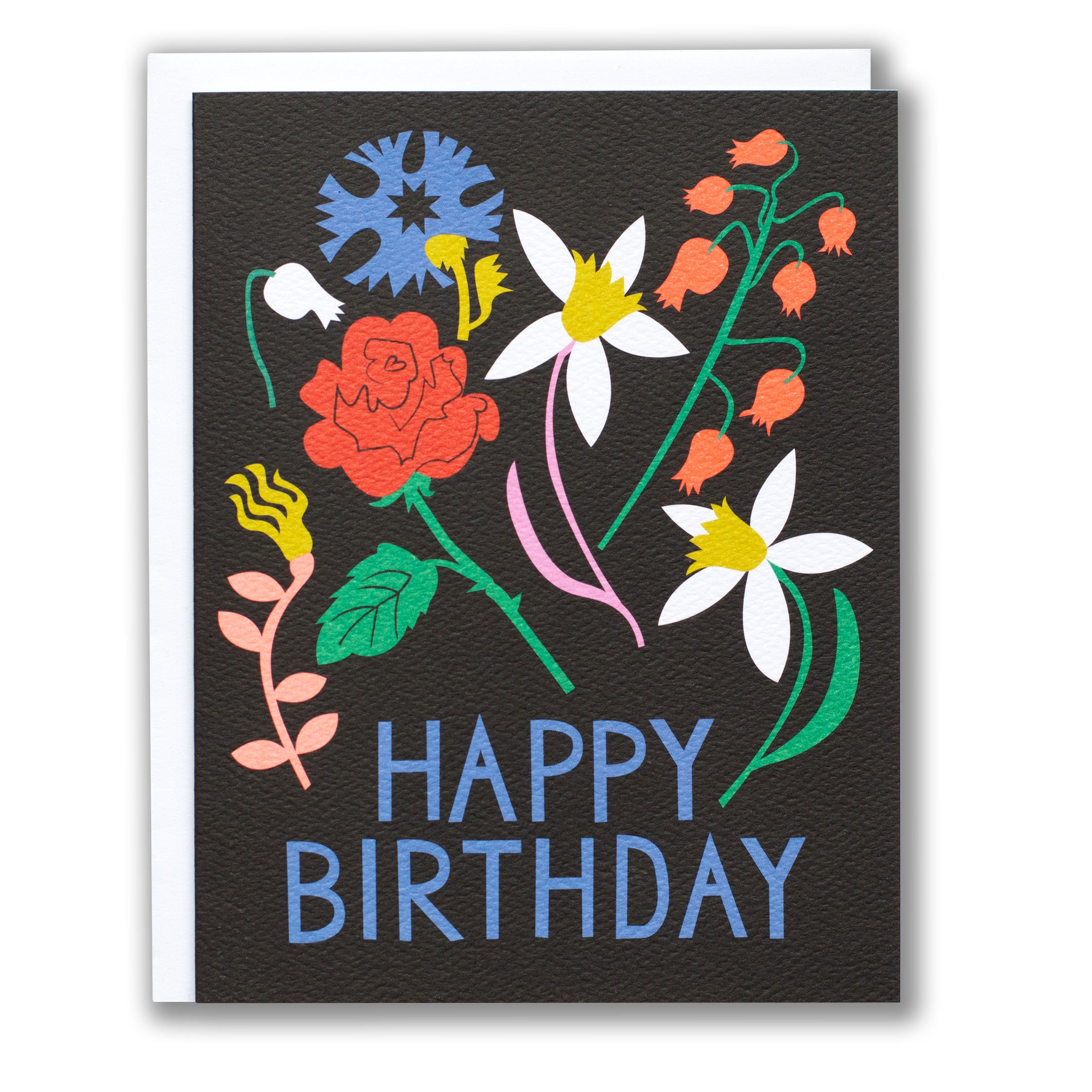 Greeting card with colorful flowers and 'Happy Birthday' text on a black background