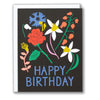 Greeting card with colorful flowers and 'Happy Birthday' text on a black background