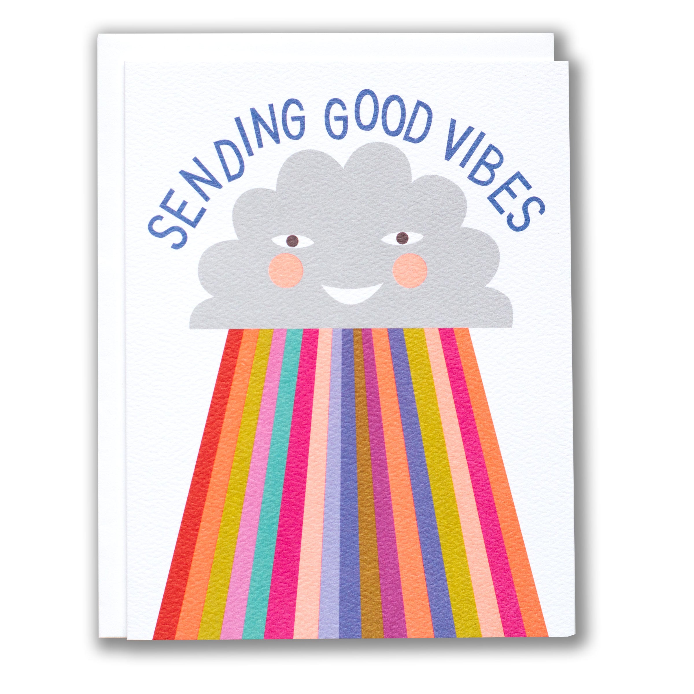 Card with a happy cloud character radiating rainbows, featuring the text 'Sending Good Vibes'.