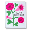 Birthday card with pink morning glory flowers and green leaves on a white background