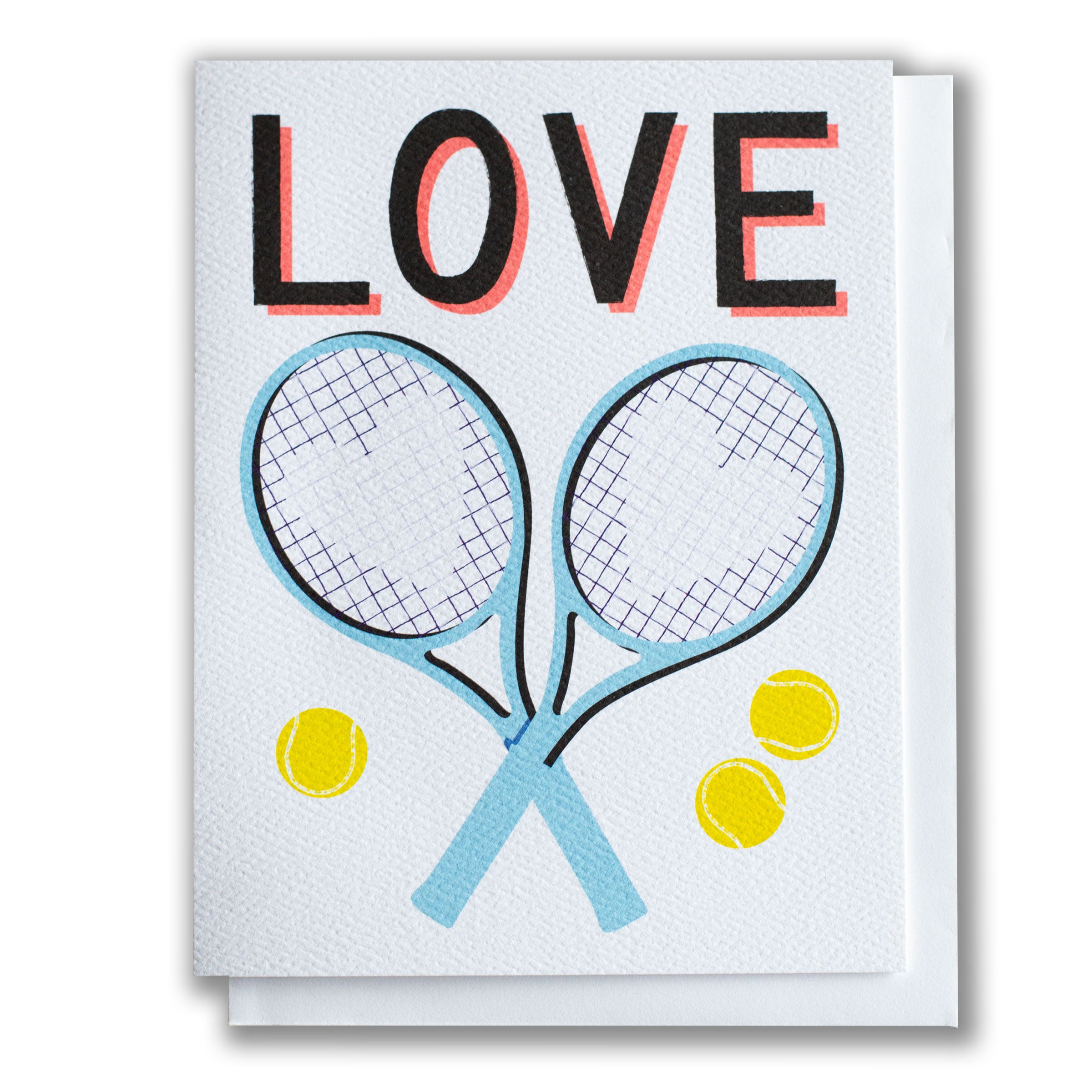Card with tennis rackets and balls design, featuring the word 'LOVE'.