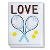 Card with tennis rackets and balls design, featuring the word 'LOVE'.