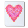 Greeting card with a pink and red heart with geometric shapes on a white background
