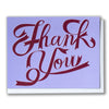 Card with 'Thank You' in burgundy ribbon text on a lilac background