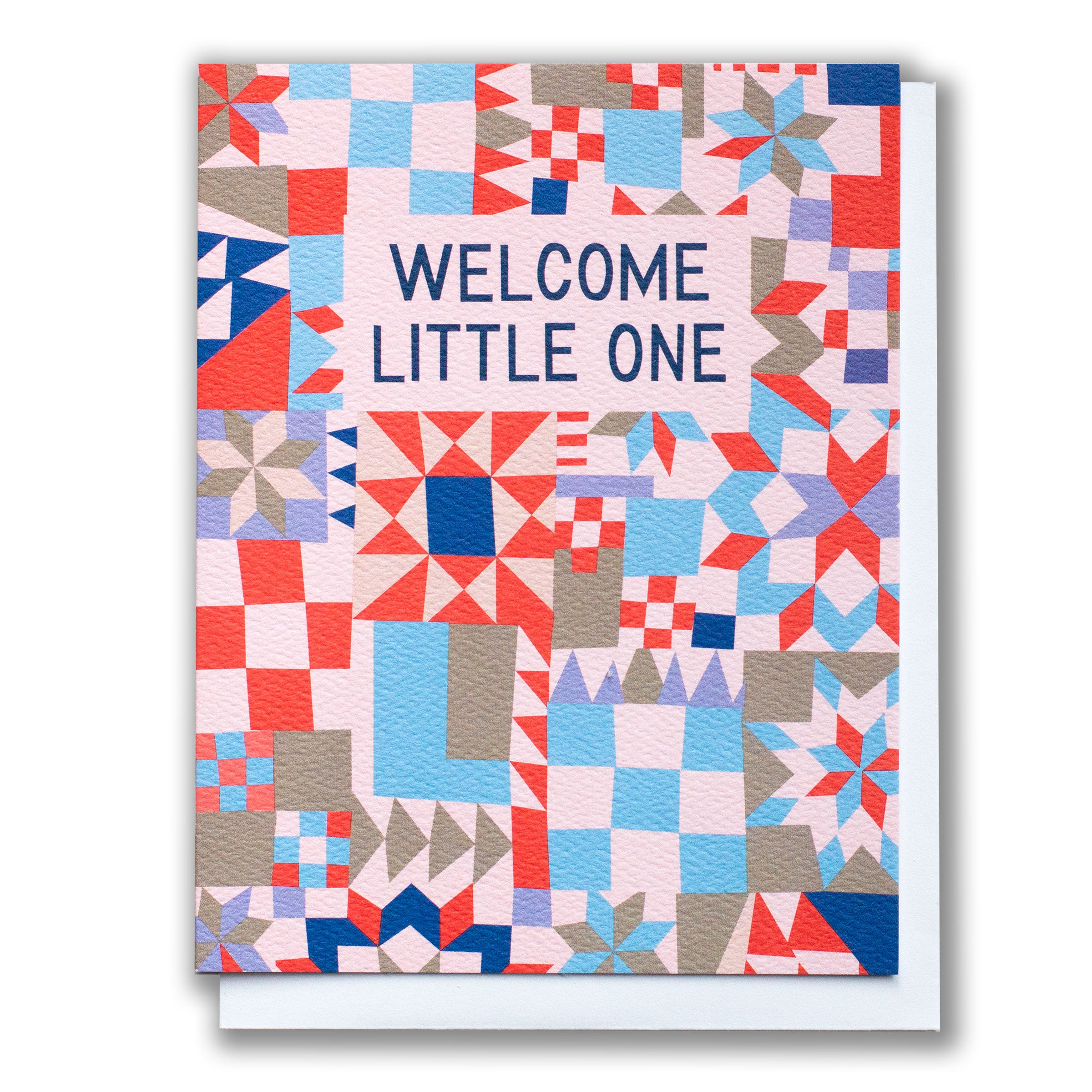 A card for a baby with a quilt and "Welcome Little One" text.