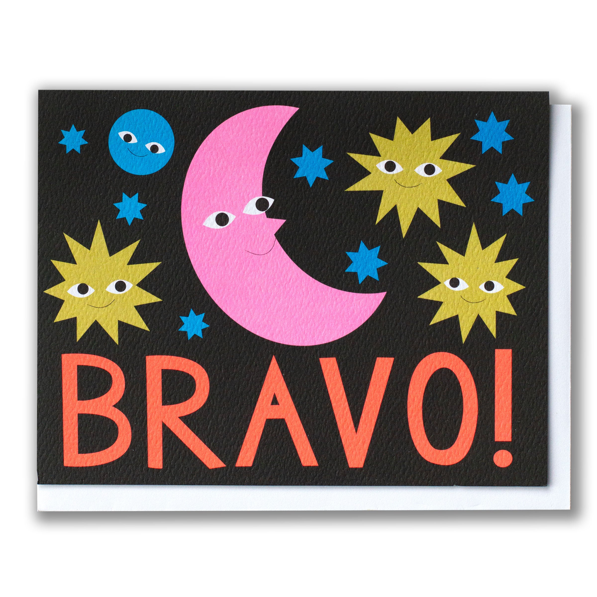 Card with a pink crescent moon and stars on a black background with 'BRAVO!' text.