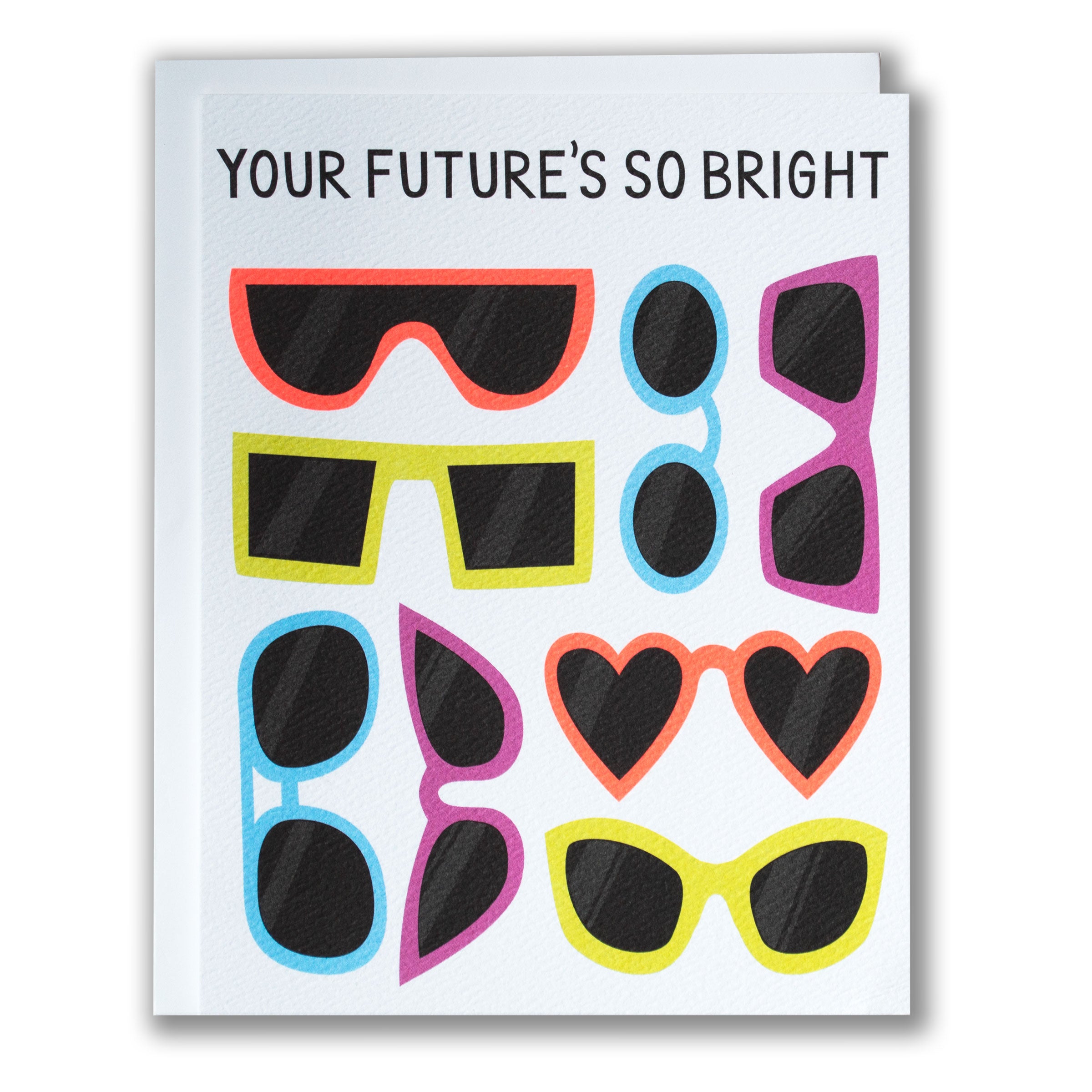 Card with colorful sunglasses illustrations and text 'Your Future's So Bright' on a white background
