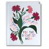 Greeting card with floral design and 'For the Greatest Mom' text on a white background
