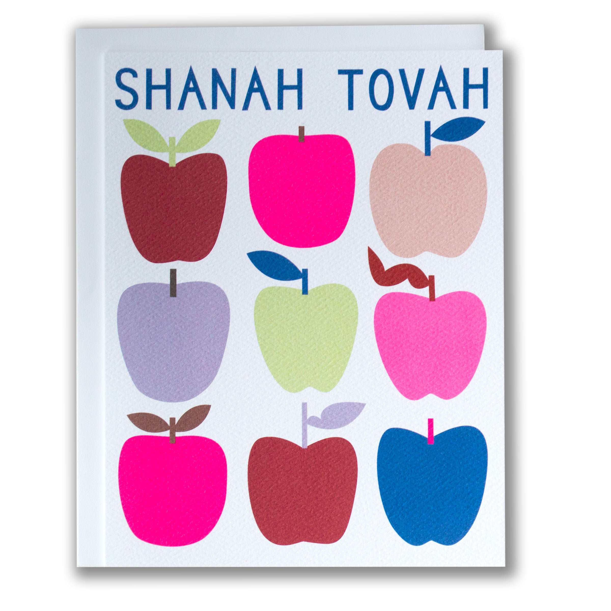 Card with colorful apples and 'Shanah Tovah' text on a white background