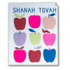 Card with colorful apples and 'Shanah Tovah' text on a white background