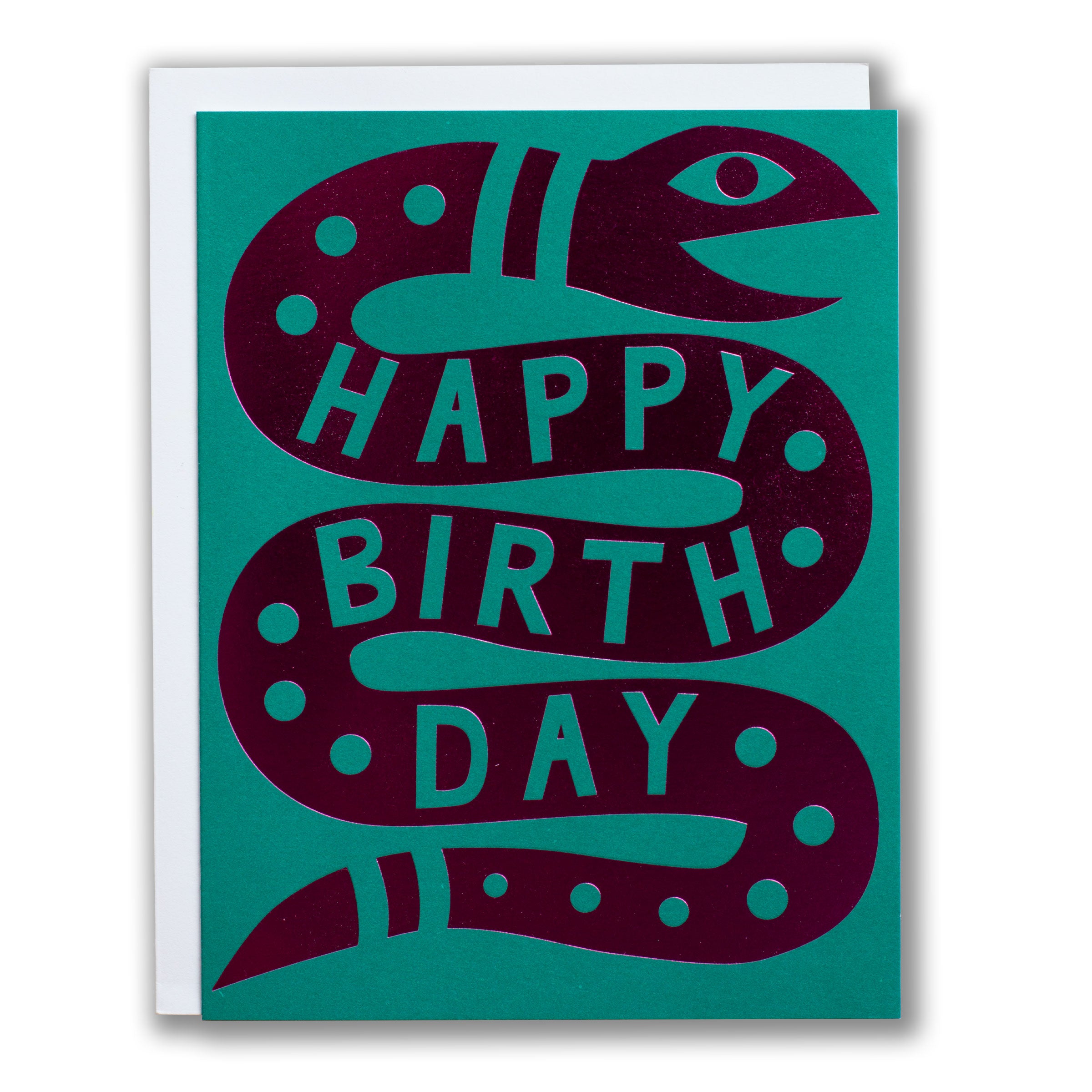 Greeting card with snake design and 'Happy Birthday' text in fuchsia foil on a teal background