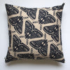 back moth print on natural linen pillow case on white background