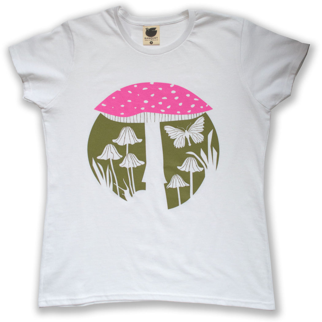 white t-shirt printed with neon pink and khaki mushrooms, a moth and a snail