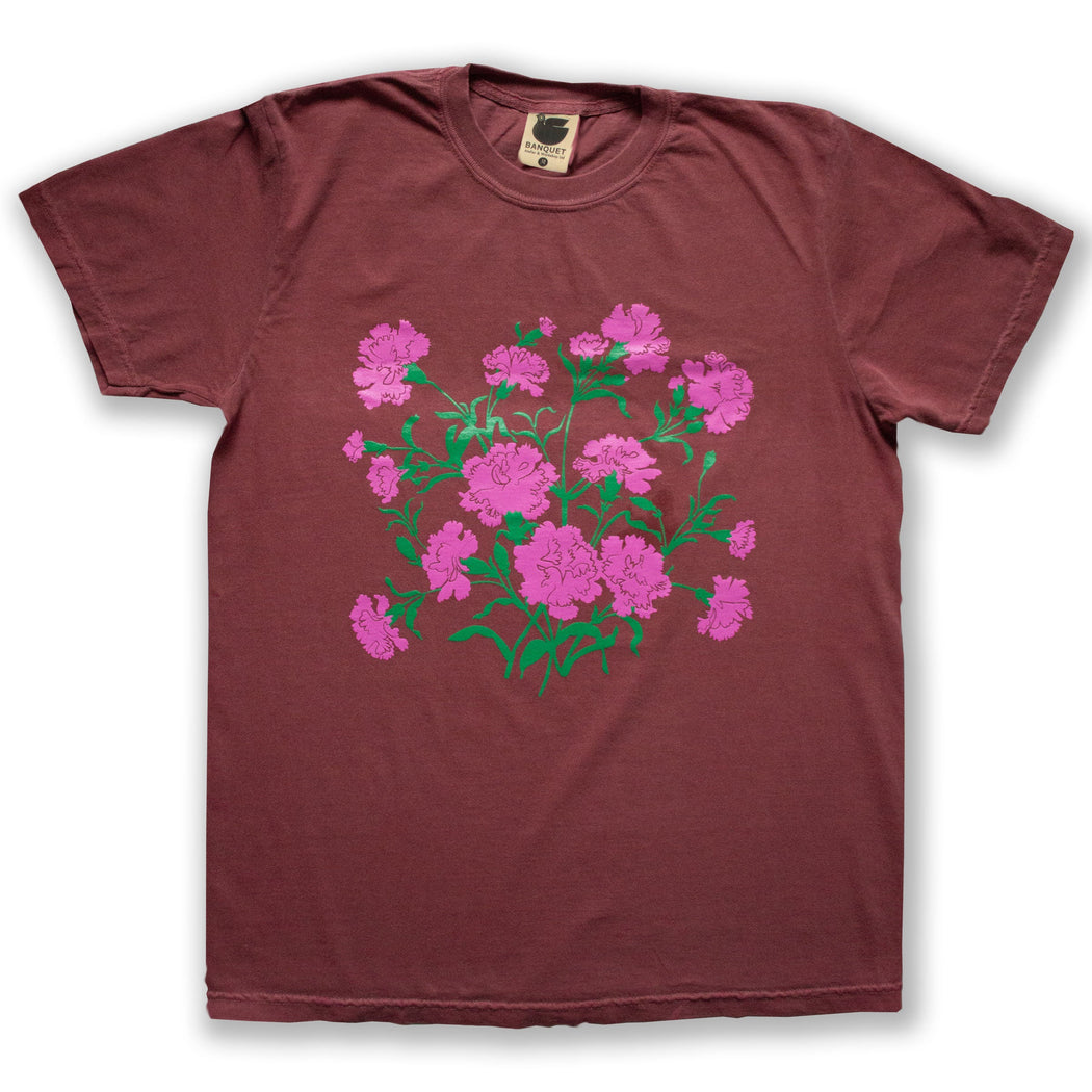 carnation t-shirt, hot pink and green screen printed flowers on a soft brick red comfort colors t-shirt