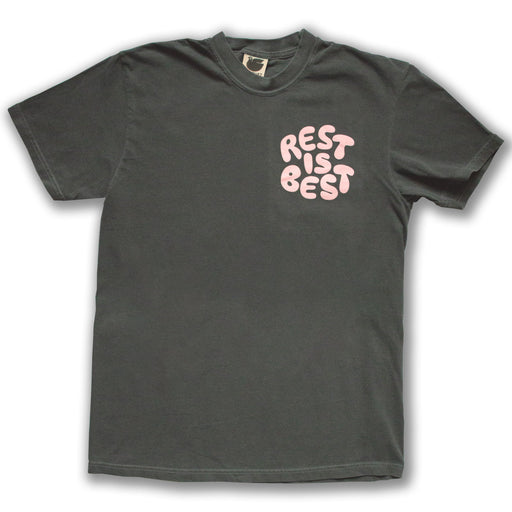 comfort colours t-shirt printed with a peachy "rest is best" in a throwback 80s typeface