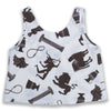 Linen tank top printed with urns, ionic columns, lamas, orobouros, and giant clamshells. oh and a minotaur too! in chocolate brown
