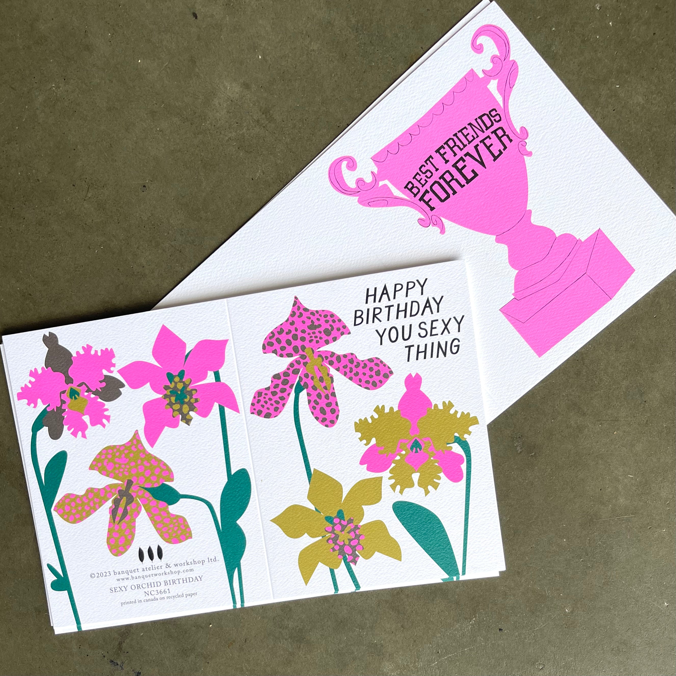 hand drawn orchids in neon purple golden green and text in black that say Happy Birthday You Sexy Thing and Best Friend Forever written on a pink trophy