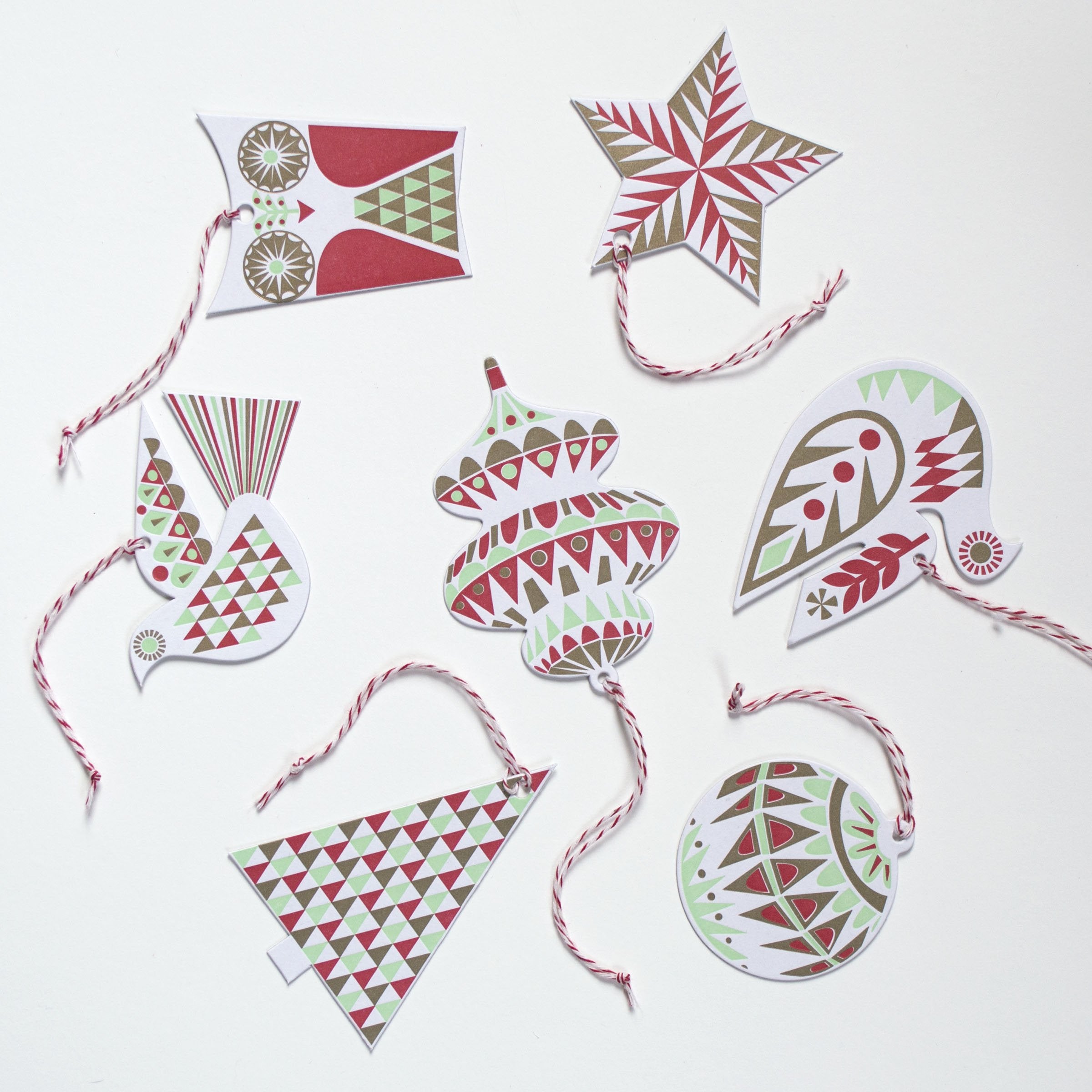 Christmas Ornament Garland Gift Tag Set in Mint, Red and Gold - set of 7 Letter Press