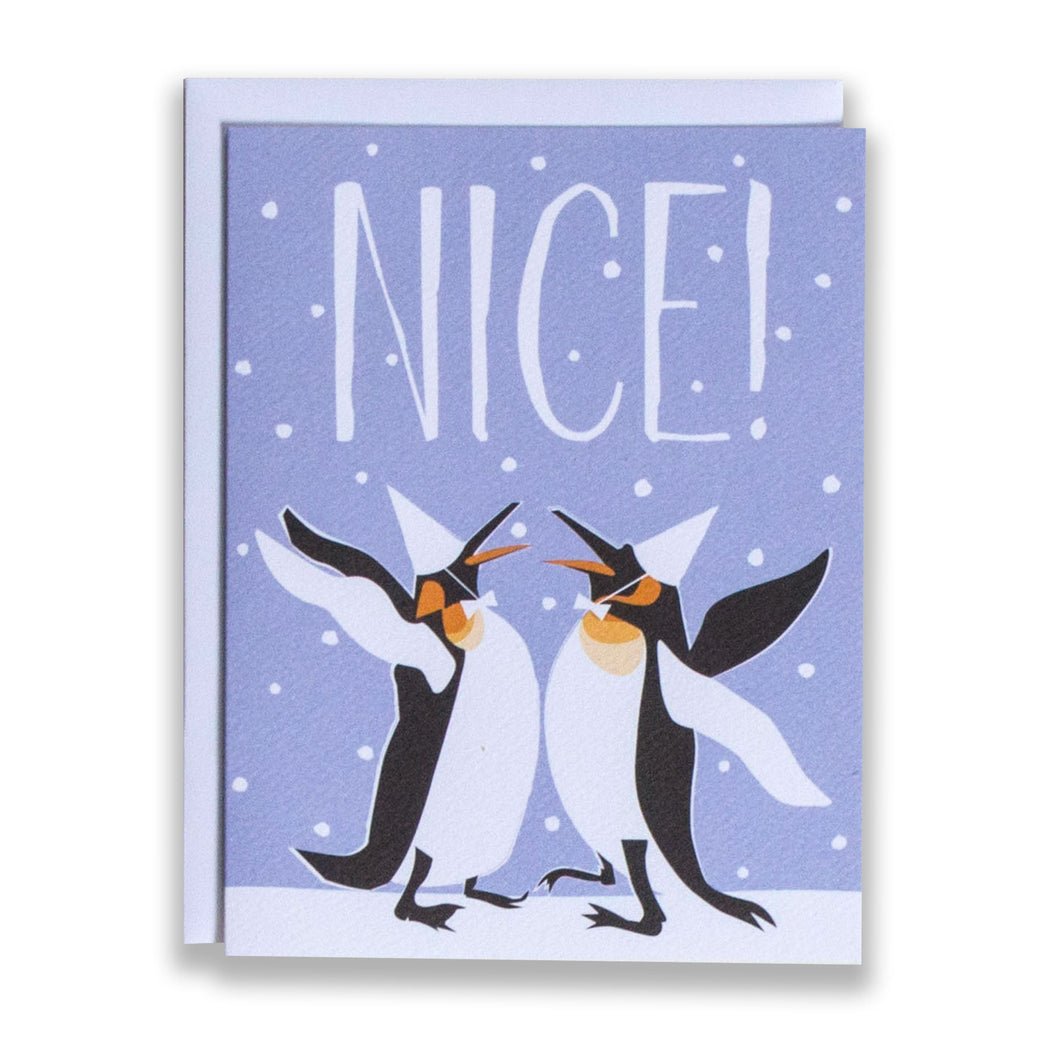nice card/penguins card/holiday/christmas/penguins with party hats/where do penguins live?