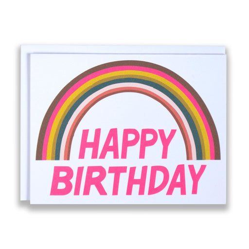 A note card from Banquet Workshop with a vibrant neon rainbow and birthday greeting