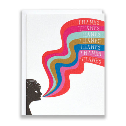 A rainbow of thanks note card groovy thank you card with woman saying thank you multiple times in a rainbow