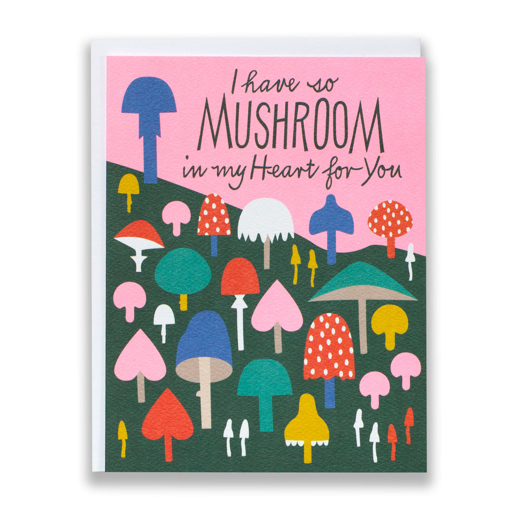 mushroom pun note card with pastel neon pink sky and multiple mushrooms in multi colours