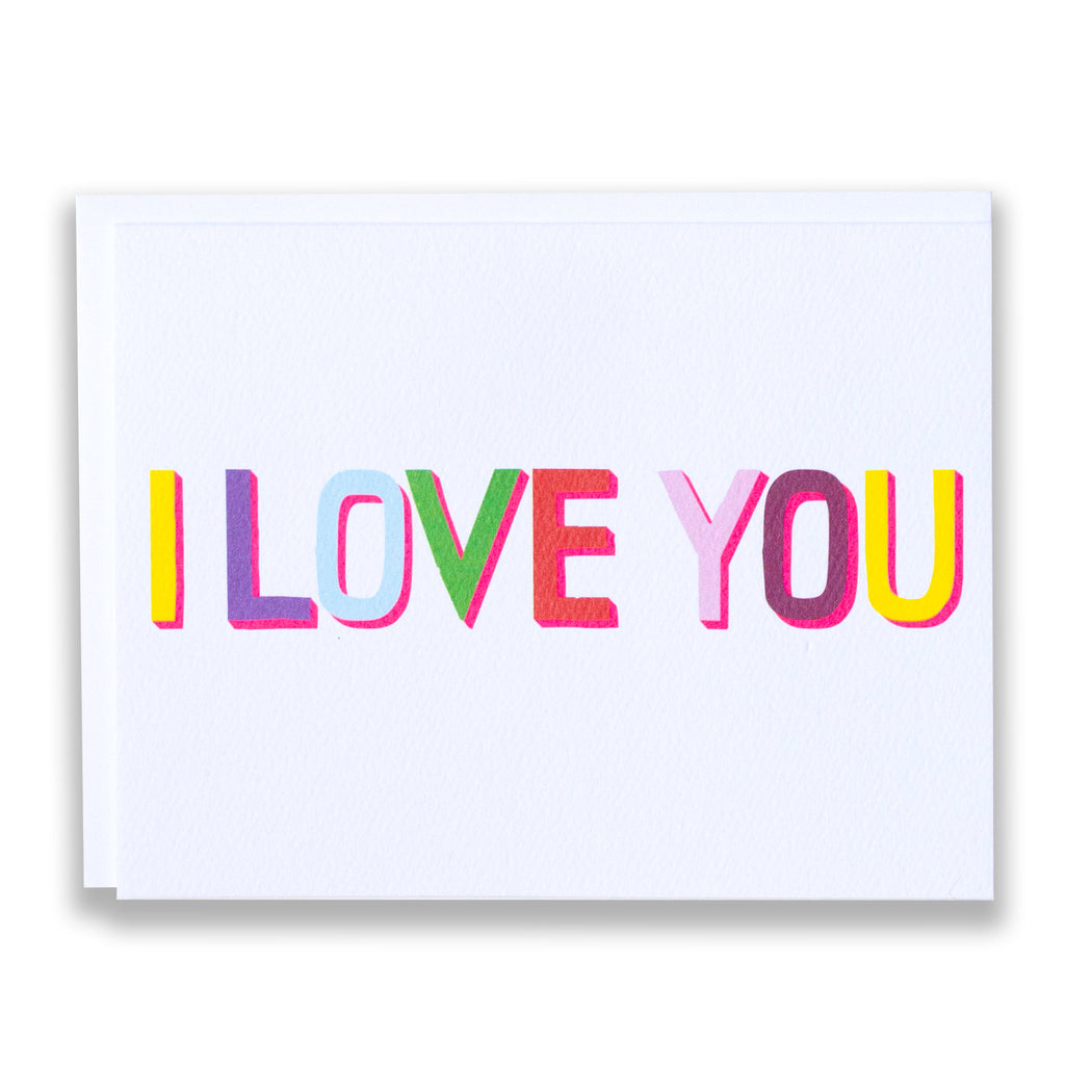 Bold I Love You type in many colours with a hit of neon around the edges of the typeface