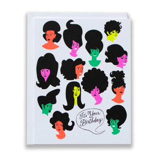 women's faces in neon colours with elaborate up do hairstyles on a birthday card